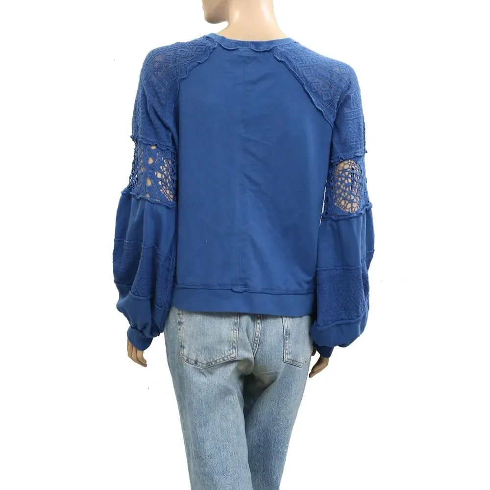 By Anthropologie Lace Balloon-Sleeve Blouse Top Pullover Cotton Blue XS 279962